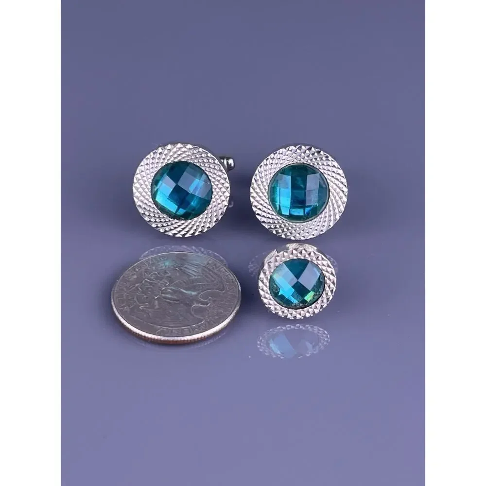 Round Blue Cut Rhinestone Cufflinks Tie Clip Pin Silver Tone Laser Cut Point VTG